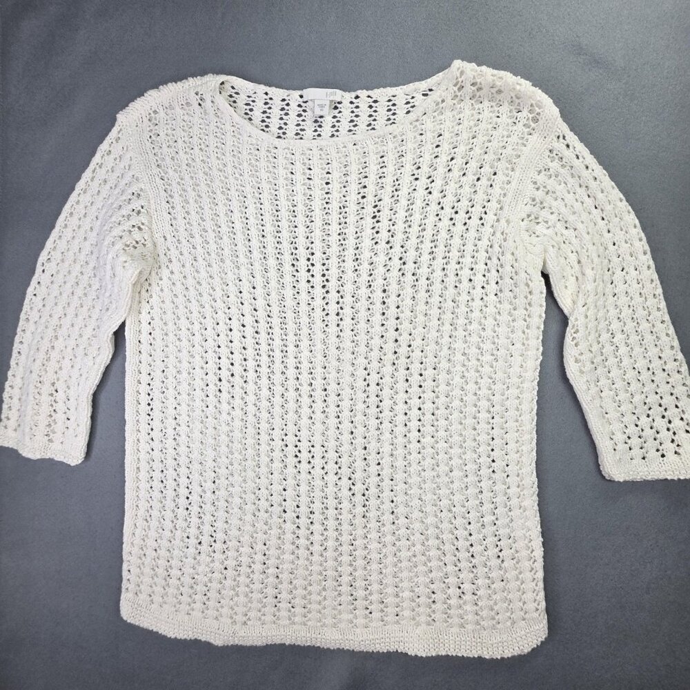 J Jill Sweater Womens XS S White Open Knit 3/4 Sleeve Pullover Cotton Blend Top - Picture 1 of 12